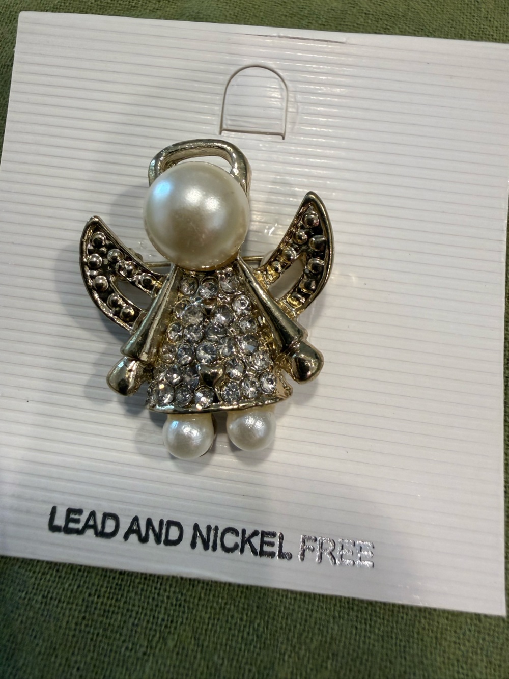 Guardian Angel faux pearl rhinestone charm brooch combo lead heckle free